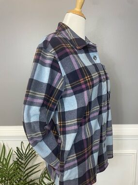 Eddie Bauer Plaid Button-Up Shirt Jacket in Light Blue, Navy & Purple
